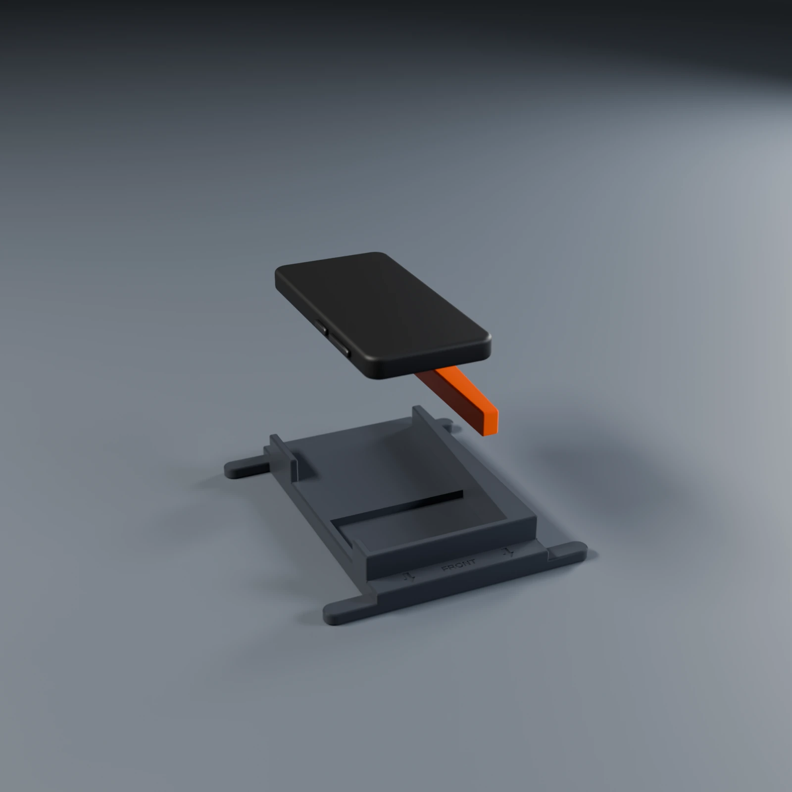 The bracket, wedge and phone pulled apart, showing the tray, rail, end stop, camera channel and the four prongs