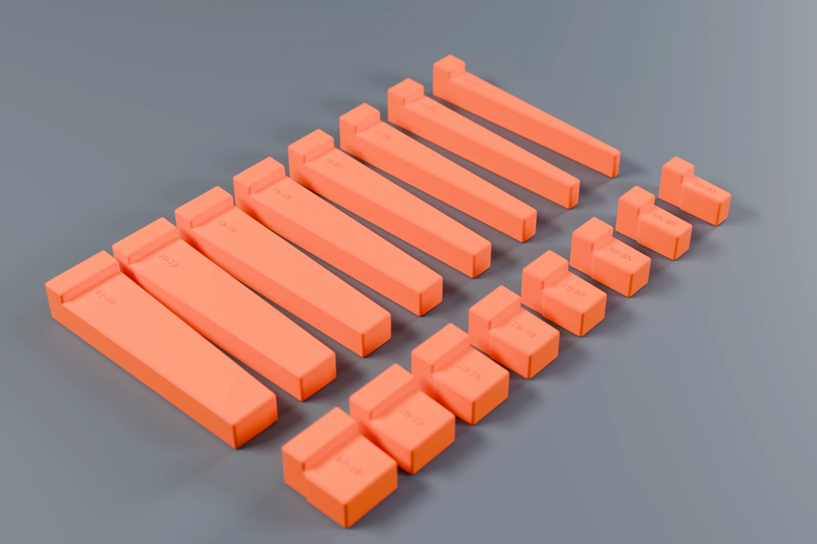 All sixteen wedges in two rows: eight long wedges and eight short ones, each a size thinner than the last