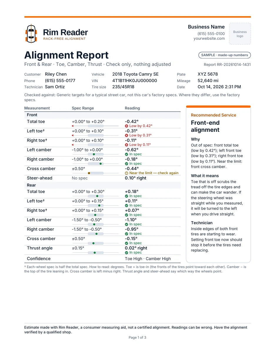 Sample shop check report, page 1, with a Recommended Service box